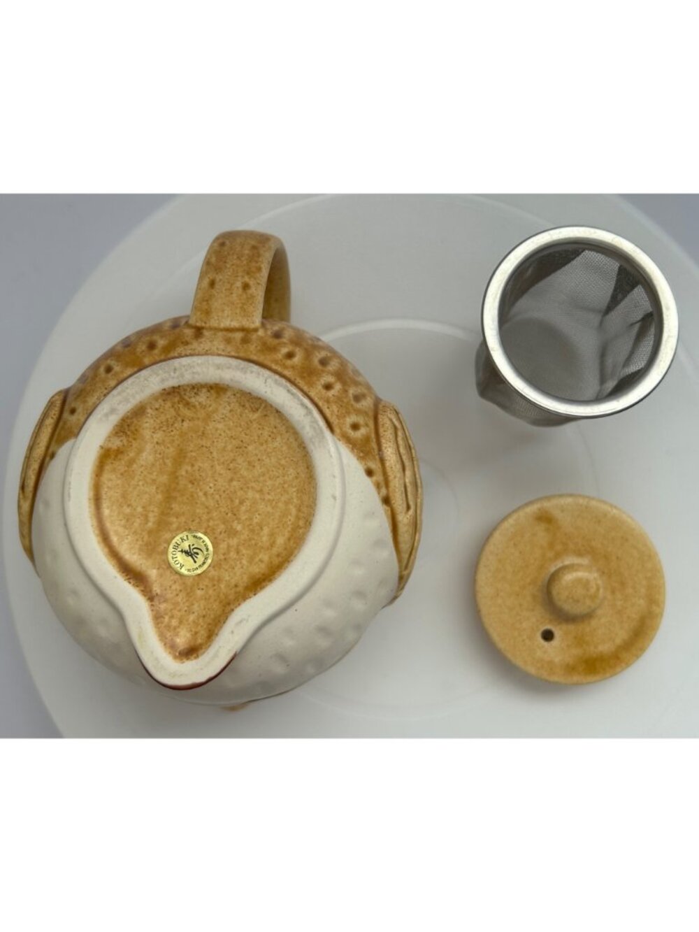 Vintage Mino Kotobuki Owl Ceramic Teapot w/ Diffuser 2 Matching Cups Tan & White - Picture 8 of 10